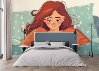 Young cartoon woman working on her laptop in bed feeling chilly from the cold or illness Wall mural