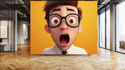 Young stylish businessman with glasses in a 3D cartoon style looking surprised and excited with a shocked expression Wall mural