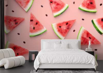 Watermelon slices pattern viewed from above. Top view. Summer concept. Wall mural