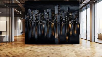 Nighttime cityscape reflected in still water. Wall mural