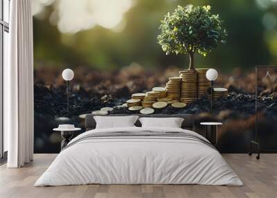 A Small Tree Growing from a Stack of Gold Coins in Soil Wall mural