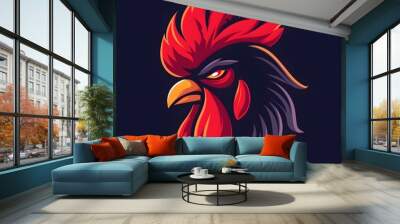 Illustration of a red and black rooster head with a serious expression Wall mural