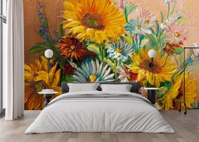 Close of fragment of vintage oil painting depicting still life of flowers in vase. Macro impasto painting. Wall mural