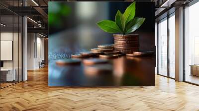 Growing Prosperity: A stack of coins with a small green plant growing on top, representing financial growth and sustainability. The coins are spread out on a wooden surface with a blurred background,  Wall mural