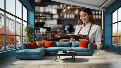 Happy woman, tablet and portrait of barista at cafe for order, inventory or checking stock in management. Female person, waitress or employee on technology small business at coffee shop restaurant  Wall mural