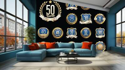 Set of Golden Anniversary Badges. Set of Golden Anniversary Signs.
Gold and Royal Blue.  Wall mural