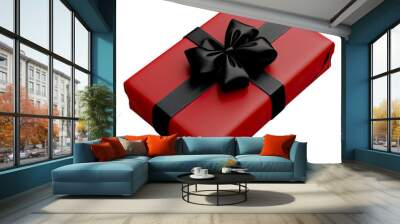 beautifully wrapped red gift box with glossy black bow on top celebration event isolated on png transparent background Wall mural