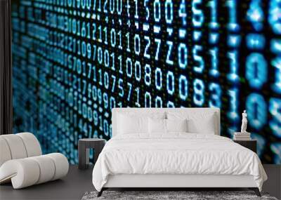 close-up of digital screen displaying stream of binary code tech background Wall mural