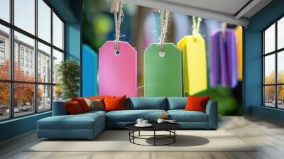 Colorful blank tags hanging on twine with blurred green background Wall mural