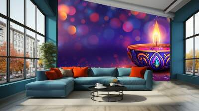 Colorful happy diwali diya oil lamp with flame festive bokeh lights copy space hindu festival celebration Wall mural