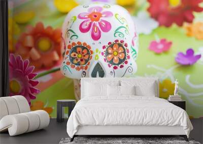 day of dead colorful sugar skull surrounded by flowers on green background festive celebration holiday Wall mural