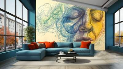 female face dreaming sleeping made with chaotic mix of colorful scribbles lines on simple pastel background Wall mural