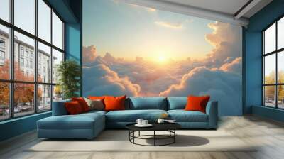 Golden sunlight through fluffy clouds aerial view natural cloudscape background Wall mural