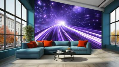 vibrant purple light streaks speed through motion blurred galaxy with bright white center Wall mural