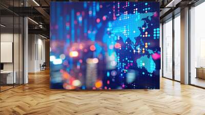 World map with glowing blue dots city lights in background abstract Wall mural