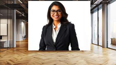 young beautiful professional indian smiling woman in formal black suit light shirt brown hair standing against white background Wall mural