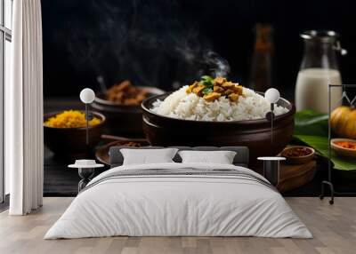 rice and curry dish- Sri Lankan and Asian Traditional food with smoking.  Wall mural