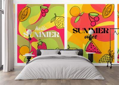 Hello summer, Summer vibes! colorful banner design. Creative concept for a set of summer bright and juicy cards. Modern abstract artistic design with flowing shapes, fruits and berries. Templates for  Wall mural