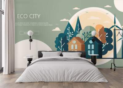 save energy the world development. environmental and ecology concept. vector illustration banner flat design. green city in landscape background. copy space for text input. Wall mural