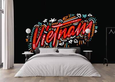 Vietnam. Name country word text card, banner script. Beautiful typography inscription greeting calligraphy poster black, gold ribbon, star. Handwritten design modern brush lettering isolated vector. Wall mural