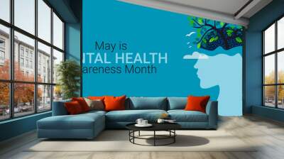 World Mental Health day, concept design with abstract human head profile, flowers and birds. Vector Illustration Wall mural