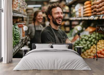 Grocery store workers laughing happily in their shop, Generative AI Wall mural