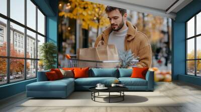 Man shopping online at home, Generative AI Wall mural