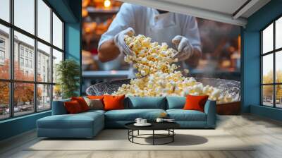 Chef preparing delicious popcorn in the kitchen of a restaurant or hotel Wall mural