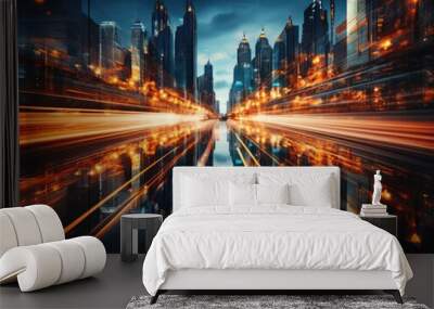 The light trails on the modern building background. Rainy city street at night with light trails and bokeh.  Wall mural