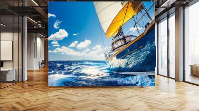 Yacht in the sea on a background of blue sky with clouds Wall mural