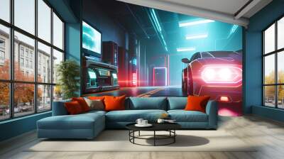 a car in a garage next to a tv screen and a tv monitor and a computer on a wall in a dark futuristic room Wall mural