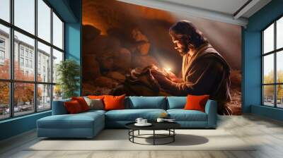 Cinematic birth of Jesus Christ. The Holy Family, Jesus, Mary and Joseph. Generative AI. Wall mural