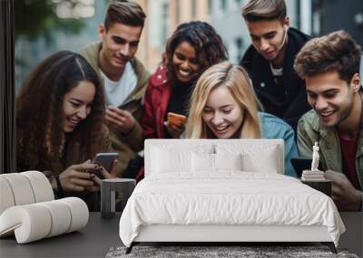 Group of young people using smart mobile phone outdoors - Happy friends with smartphone laughing together watching funny video on social media platform - Tech and modern life style concept. Wall mural