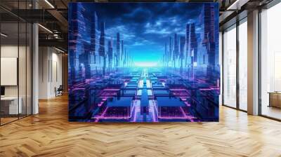 Metaverse city and matrix cyberpunk concept. Generative AI. Wall mural