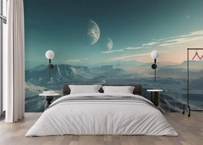 A barren alien landscape features sparse trees, with two moons casting shadows across the dusty terrain, creating an eerie yet beautiful scene. Wall mural