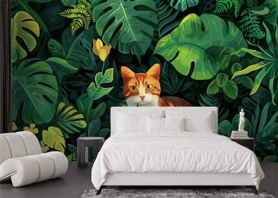 A vibrant illustration of an orange and white cat nestled among lush green tropical plants. Wall mural