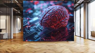 Intelligence and technology converge as brain glows on electronic circuit board Wall mural