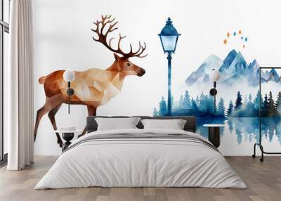 beautiful illustration featuring reindeer walking beside Victorian style street lamp, set against backdrop of majestic mountains and serene forest. colors and shapes create tranquil winter scene Wall mural