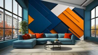 Modern geometric wallpaper pattern featuring sharp lines and bold colors, including navy blue, orange, and white. This design adds contemporary touch to any space Wall mural