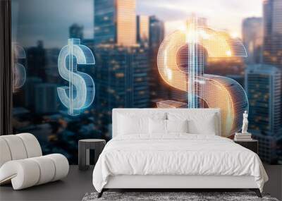 vibrant cityscape featuring glowing dollar symbols, representing financial growth and prosperity in urban environment. skyline is illuminated beautifully at dusk Wall mural