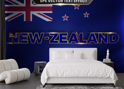 New Zealand with its national country flag, Editable text effect style with gold color concept Wall mural