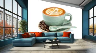 Side view of hot latte coffee with latte art in a ceramic green cup and saucer isolated on white background with clipping path inside. Image Stacking Techniques. Wall mural