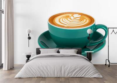 Side view of hot latte coffee with latte art in a dark green cup and saucer isolated on white background with clipping path inside. Wall mural