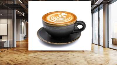 Side view of hot latte coffee with latte art in a vintage matt black cup and saucer isolated on white background with clipping path inside. Wall mural