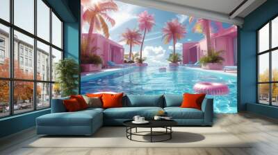 3d render of pool party scene with pink and blue elements, summer vibes, palm trees, floating rings in the water, blue chairs around, pink walls. Generative AI. Wall mural