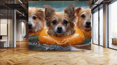 5 cute dogs wearing flotation vests floating in water from hurricane. Generative AI. Wall mural