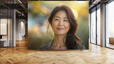 A 40 year old Asian woman. Slightly smiling and Feeling of confident and content. Vibrant outdoor setting. Generative AI. Wall mural