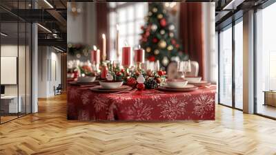 A bright, cozy dining room with a blend of traditional and modern festive design, The table is covered with a rich, solid red tablecloth featuring an abstract Christmas pattern. Generative AI. Wall mural