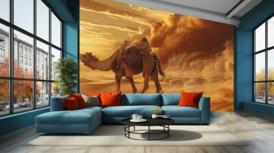 A camel walking in the desert, a magical fantasy world, in the desert, wild sand flight, desert, sandstorm dramatic. Generative AI. Wall mural