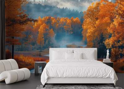 A car driving on the road, autumn view, early autumn. Generative AI. Wall mural